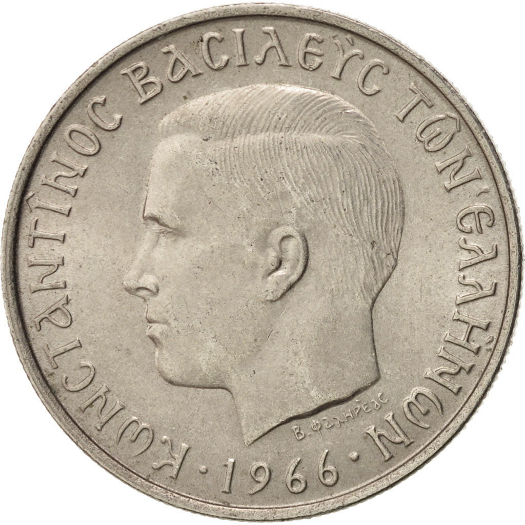 Greece, Constantine II, 2 Drachmai, 1966, AU(55-58), Copper-nickel, KM:90