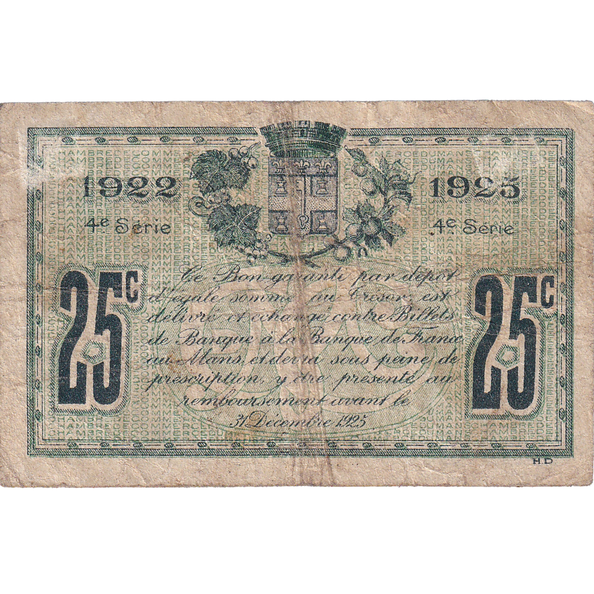 France, 25 Centimes, 1922, LE MANS, VF(30-35)