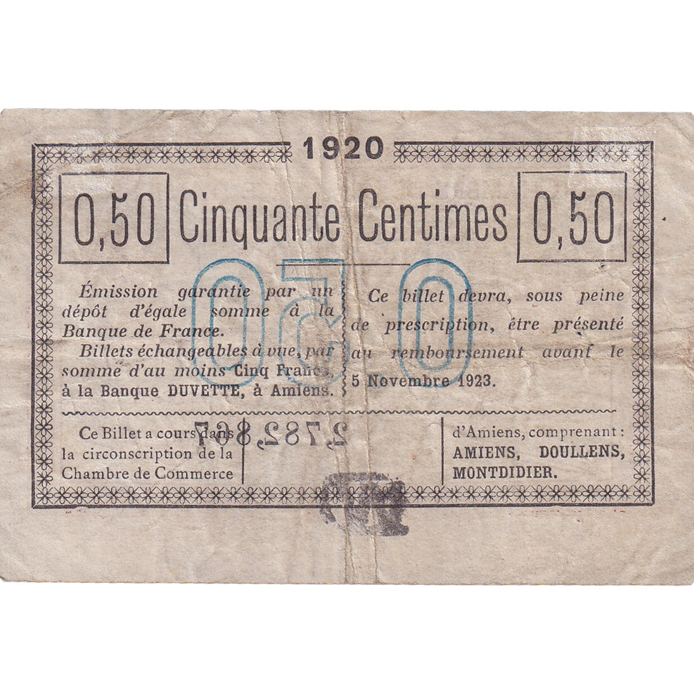 France, Amiens, 50 Centimes, 1920, EF(40-45), Pirot:7-26