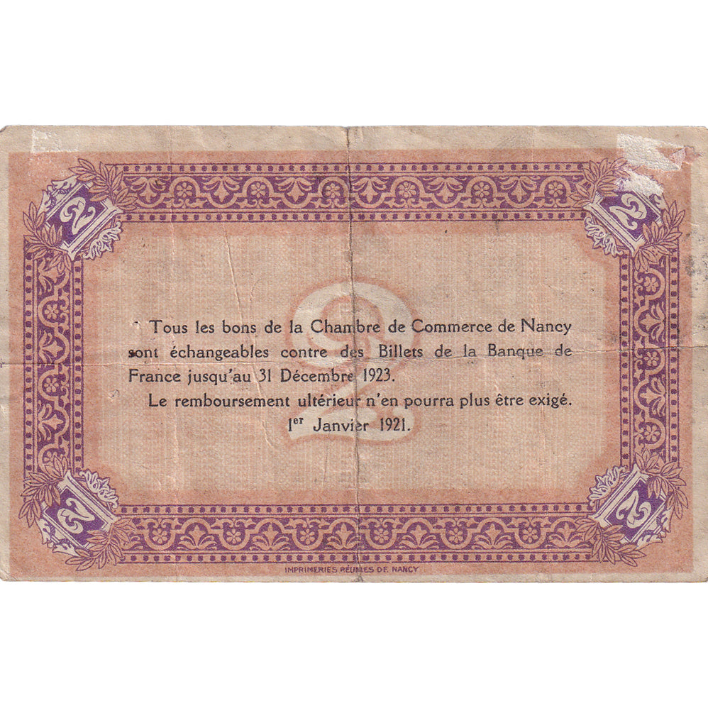 France, Nancy, 2 Francs, 1921, VF(30-35), Pirot:87-52