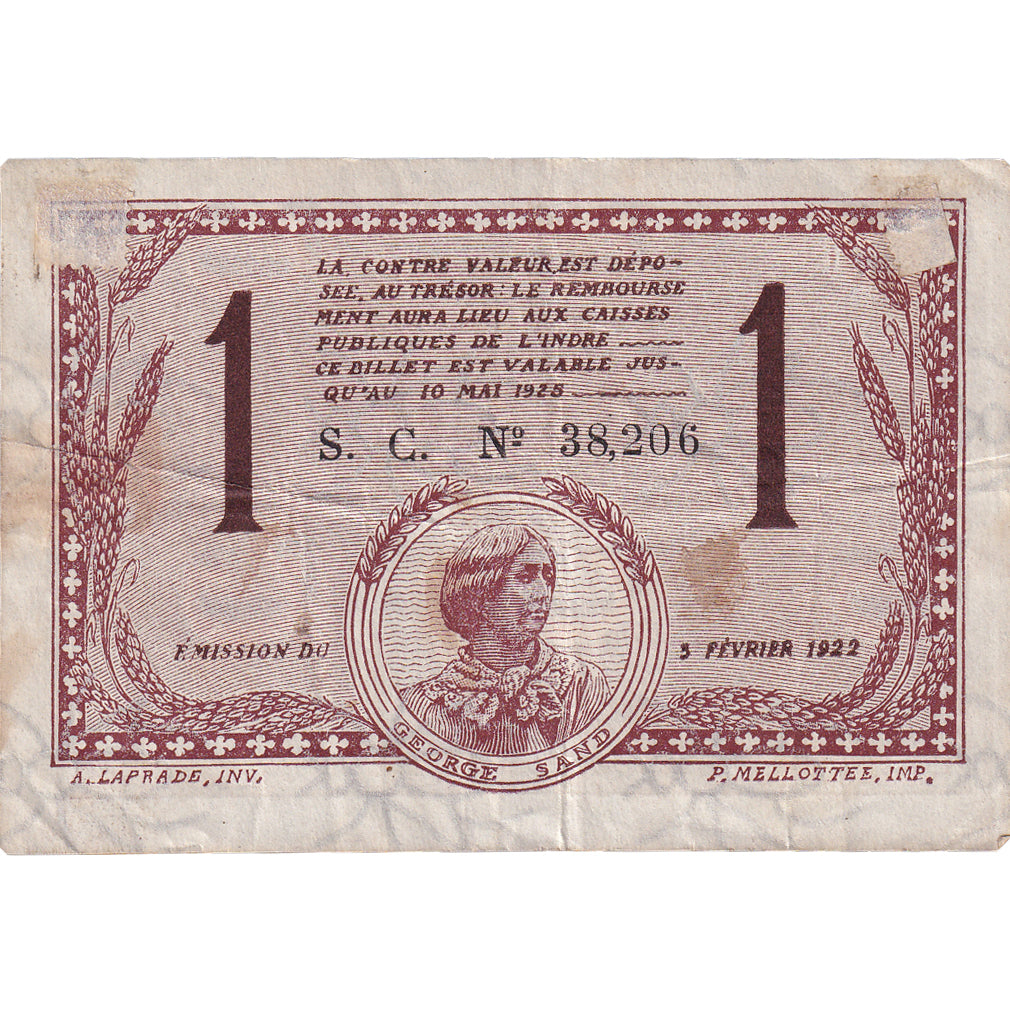 France, Chateauroux, 1 Franc, 1922, EF(40-45), Pirot:46-30