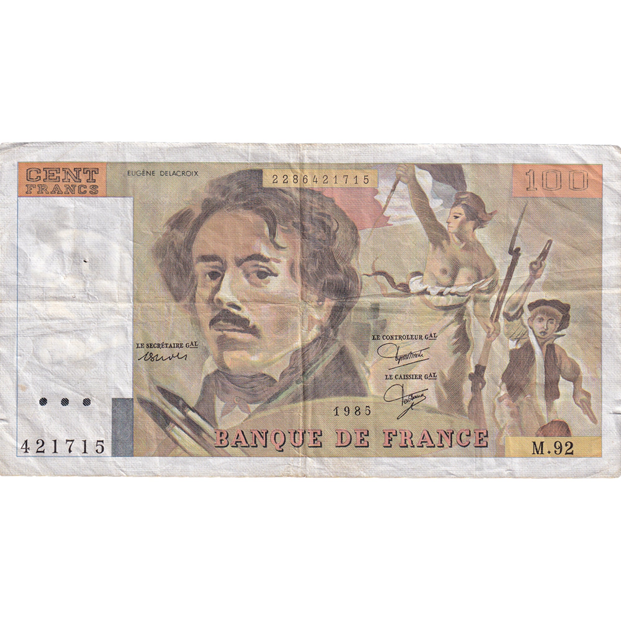 France, 100 Francs, Delacroix, 1985, M.92, VF(30-35), Fayette:69.10, KM:154b