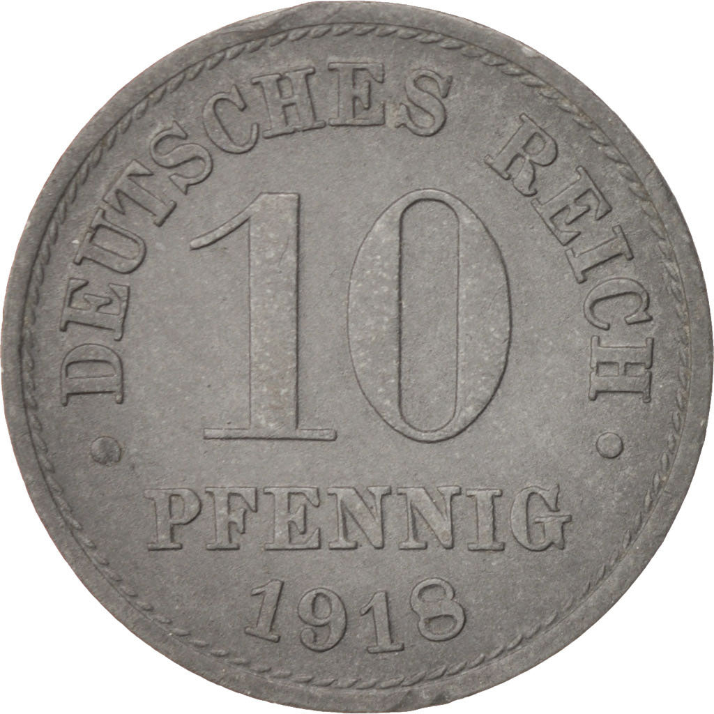 GERMANY - EMPIRE, 10 Pfennig, 1918, AU(50-53), Zinc, KM:26