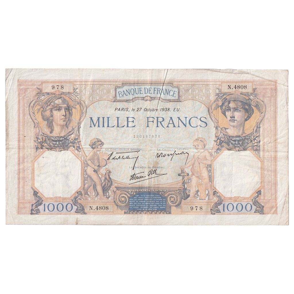 França, 1000 Francs, Cérès et Mercure, 1938, N.4808, VF(30-35)