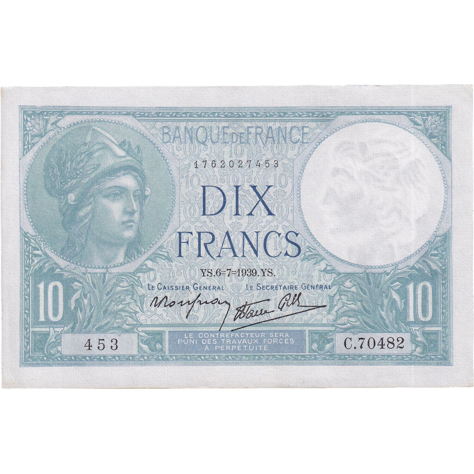 França, 10 Francs, Minerve, 1939, C.70482, UNC(64), Fayette:7.4, KM:84