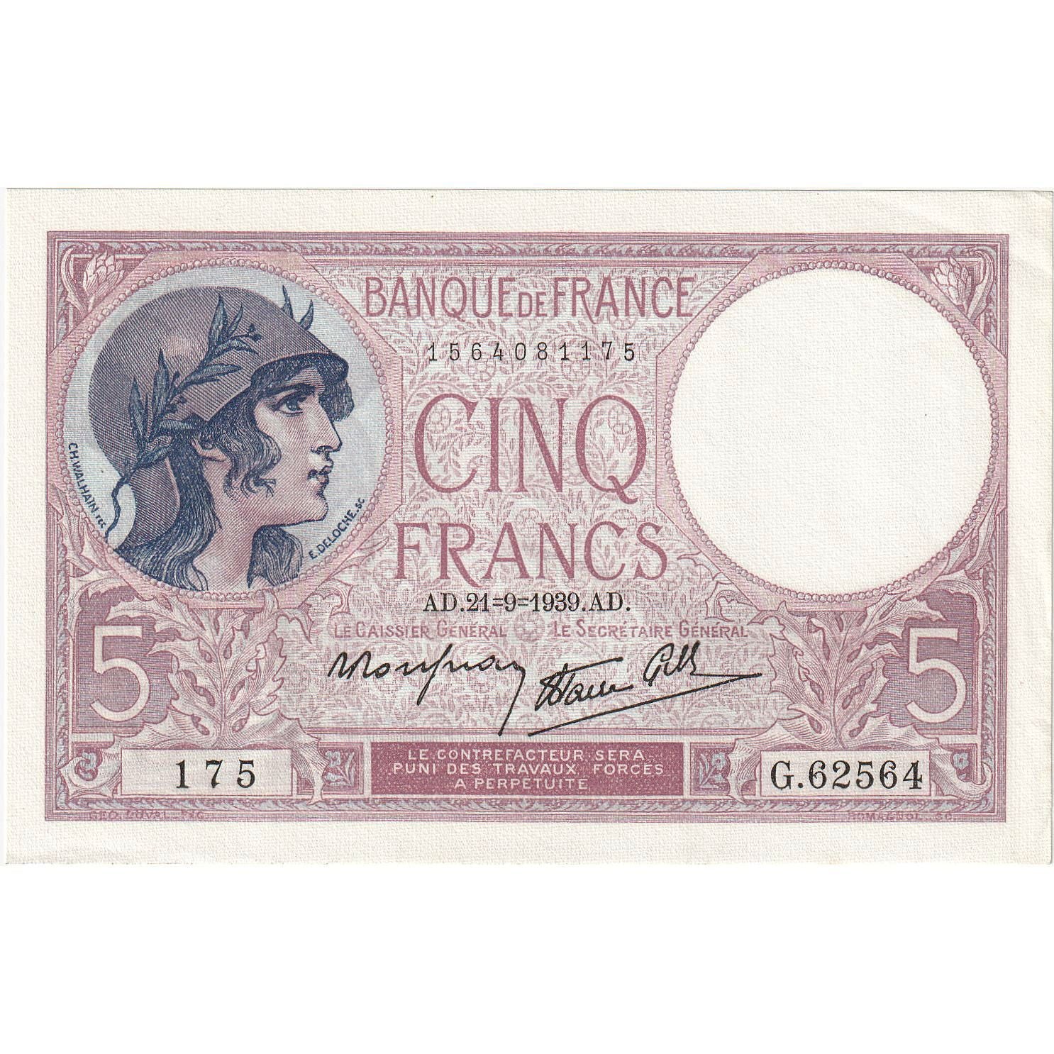 France, 5 Francs, Violet, 1939, G.62564, UNC(63), Fayette:4.9, KM:83