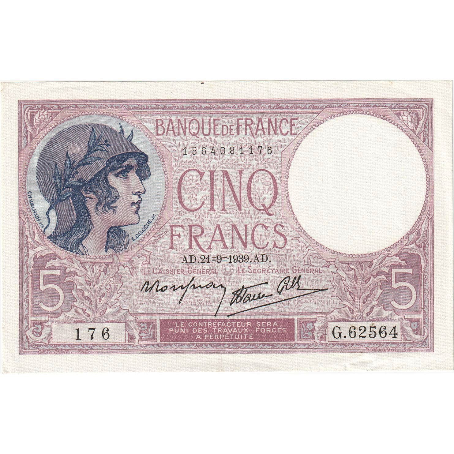 France, 5 Francs, Violet, 1939, G.62564, UNC(63), Fayette:4.9, KM:83