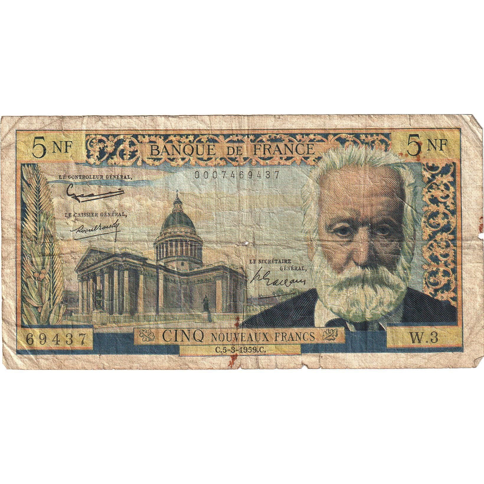 Francja, 5 Nouveaux Francs, Victor Hugo, 1959, W.3, F(12-15), KM:141a