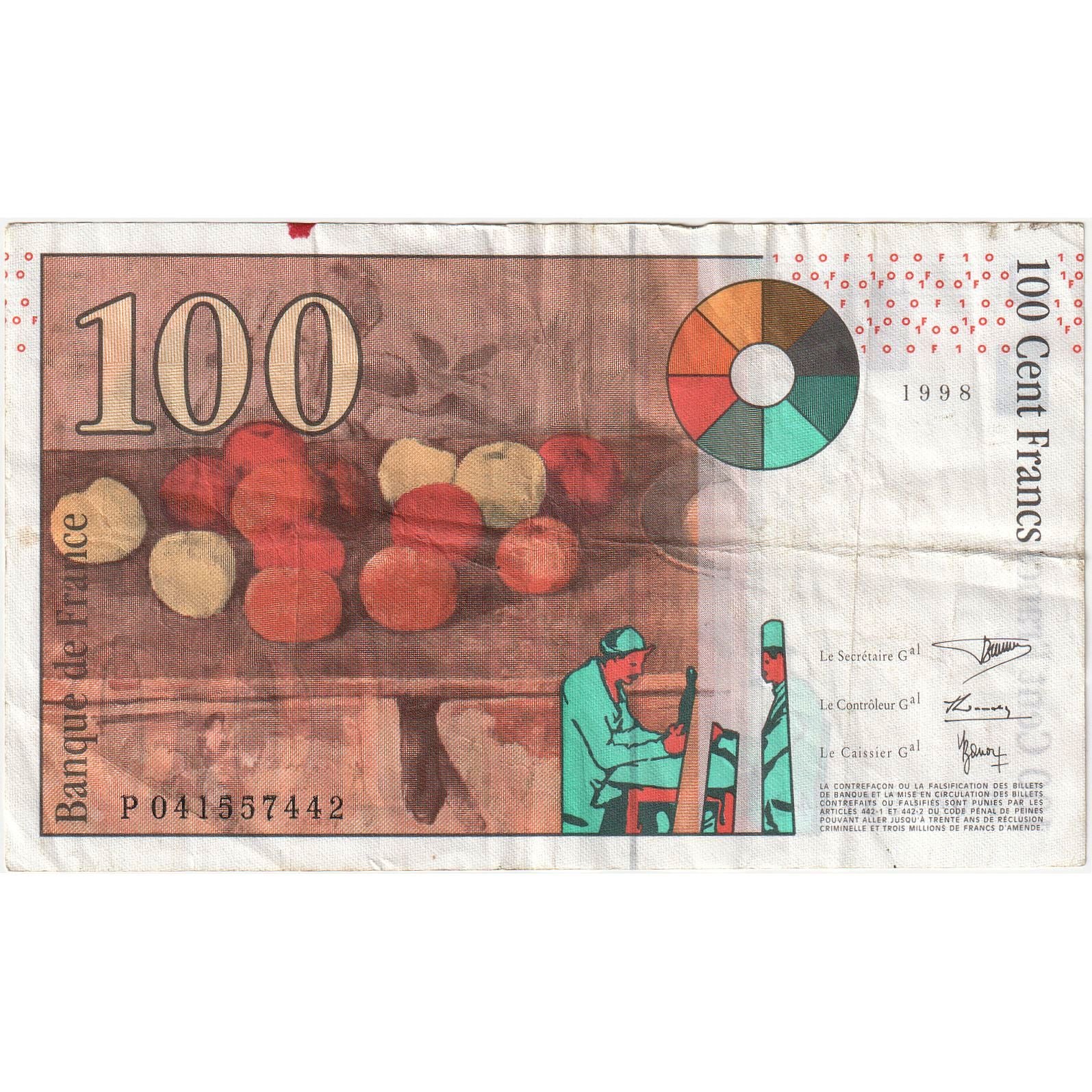France, 100 Francs, Cézanne, 1998, P.041, EF(40-45), Fayette:F74.01, KM:158a