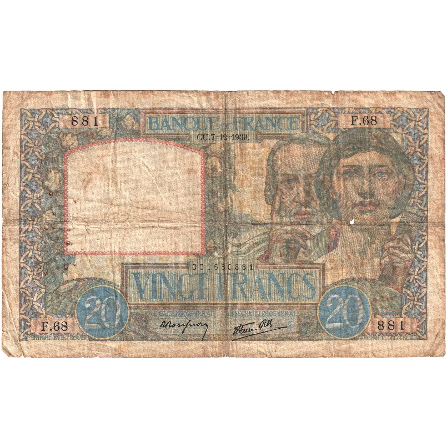 Francja, 20 Francs, Science et Travail, 1939, F.68, F(12-15), Fayette:12.1