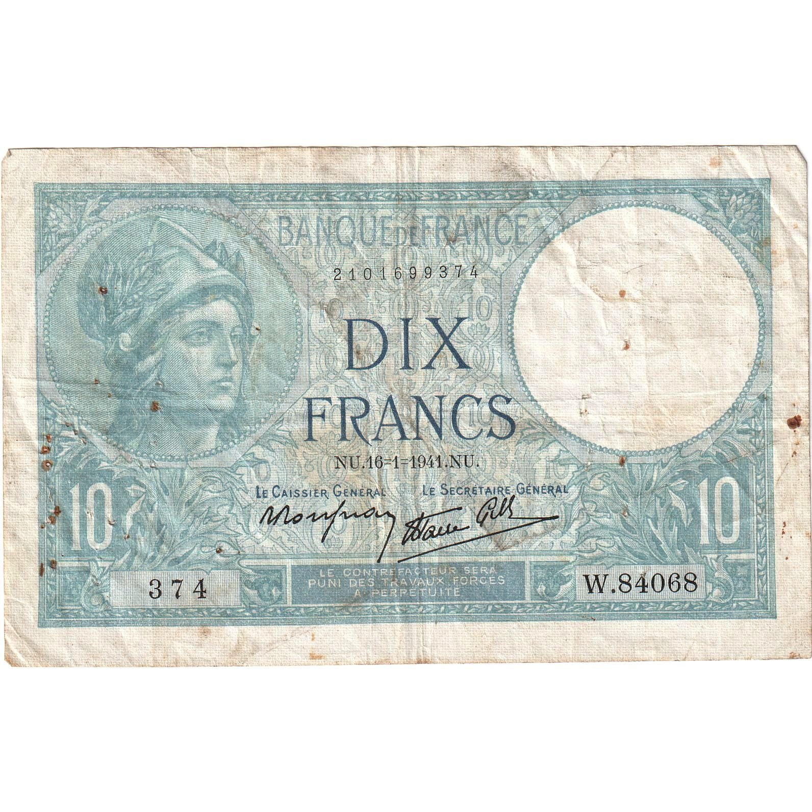 França, 10 Francs, Minerve, 1941, W.84068, VF(30-35), Fayette:7.28, KM:84
