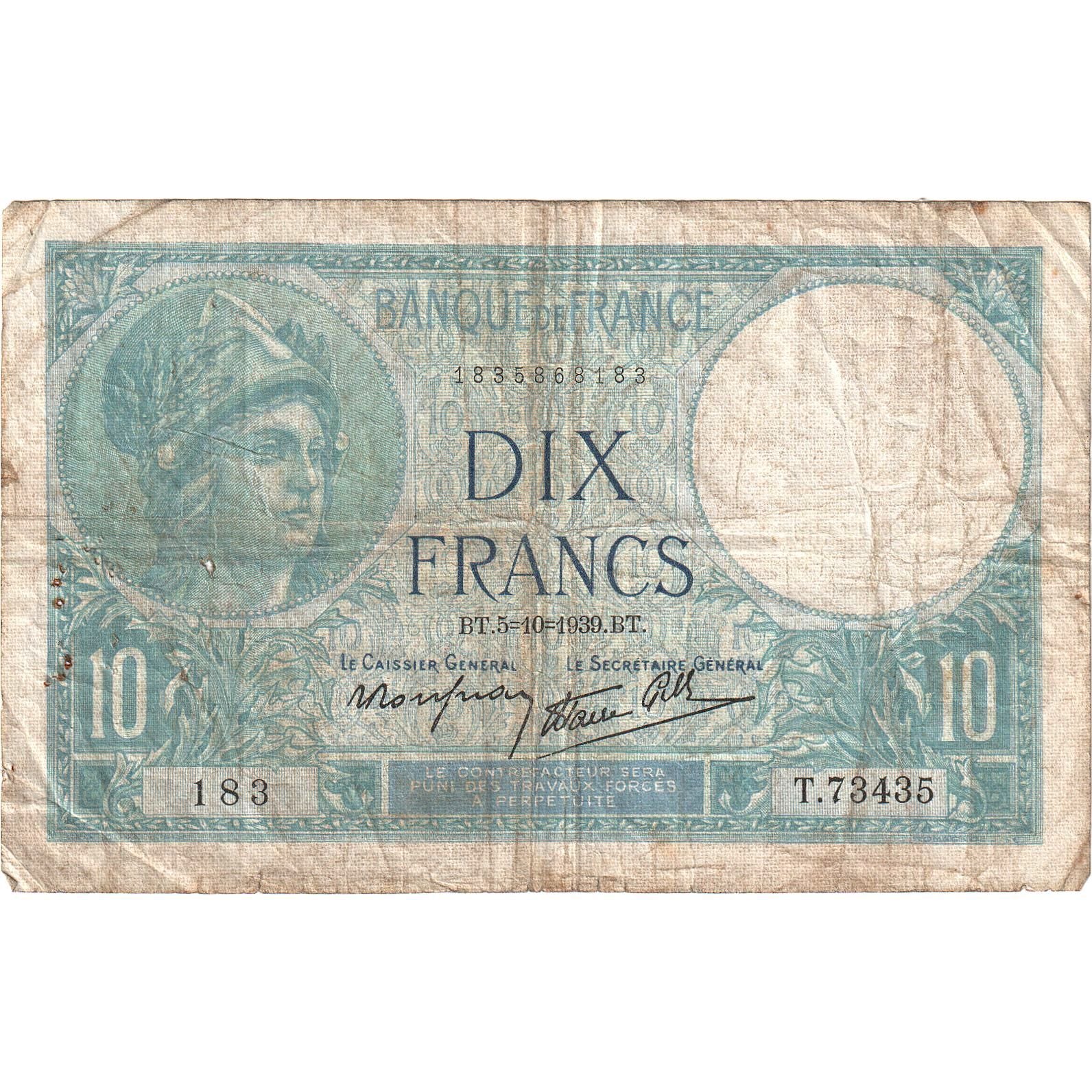 Francia, 10 Francs, Minerve, 1939, T.73435, MB+, Fayette:7.10, KM:84