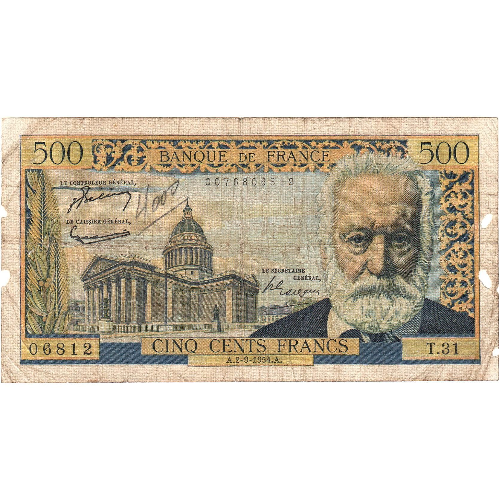 França, 500 Francs, Victor Hugo, 1954, T.31, VF(20-25), Fayette:35.3, KM:133a