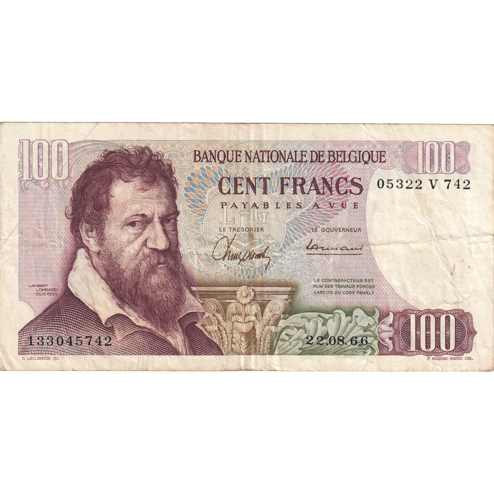 Banknote, Belgium, 100 Francs, 1961-1971, 1966-08-22, KM:134b, EF(40-45)