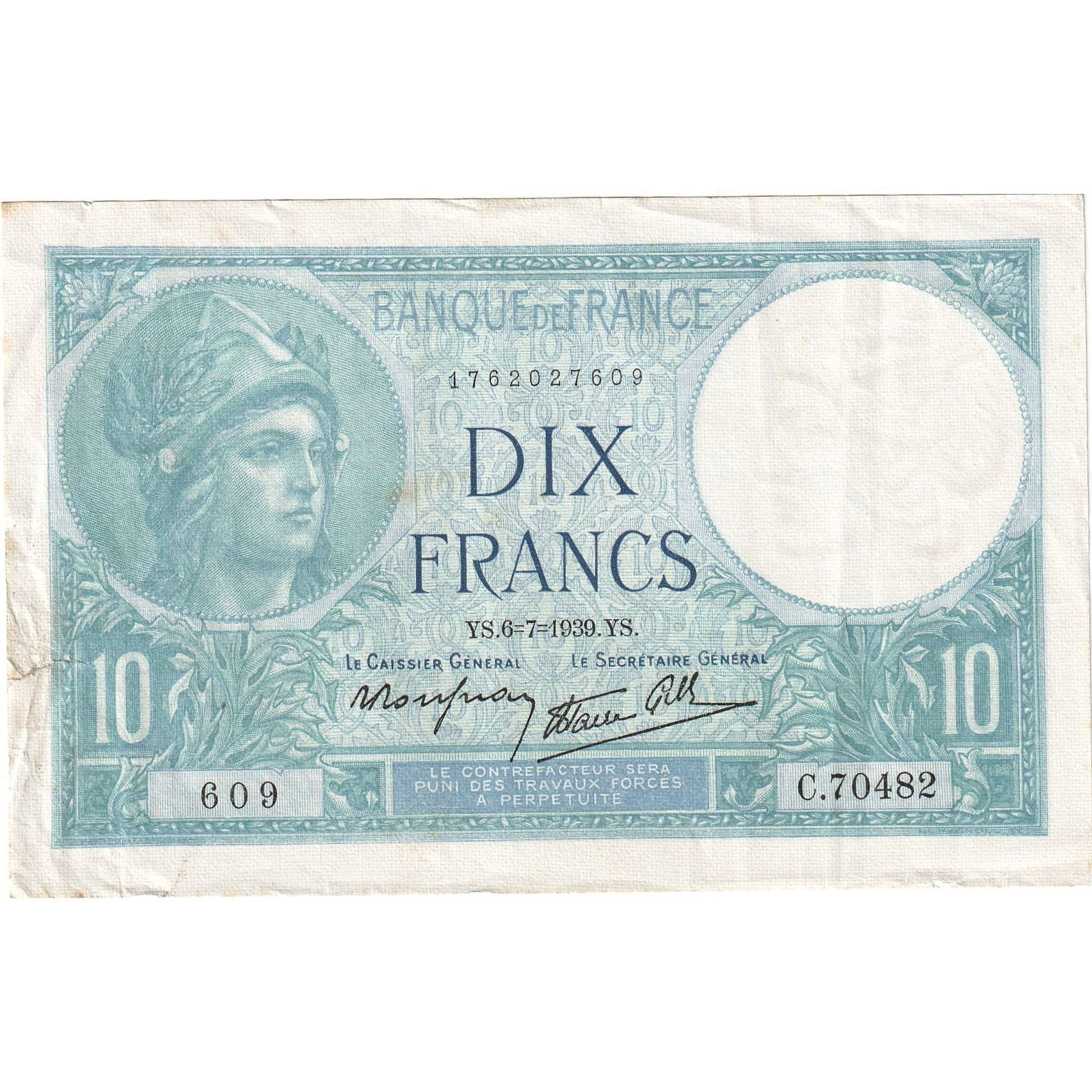 Frankreich, 10 Francs, Minerve, 1939, C.70482, SS+, Fayette:7.4, KM:84