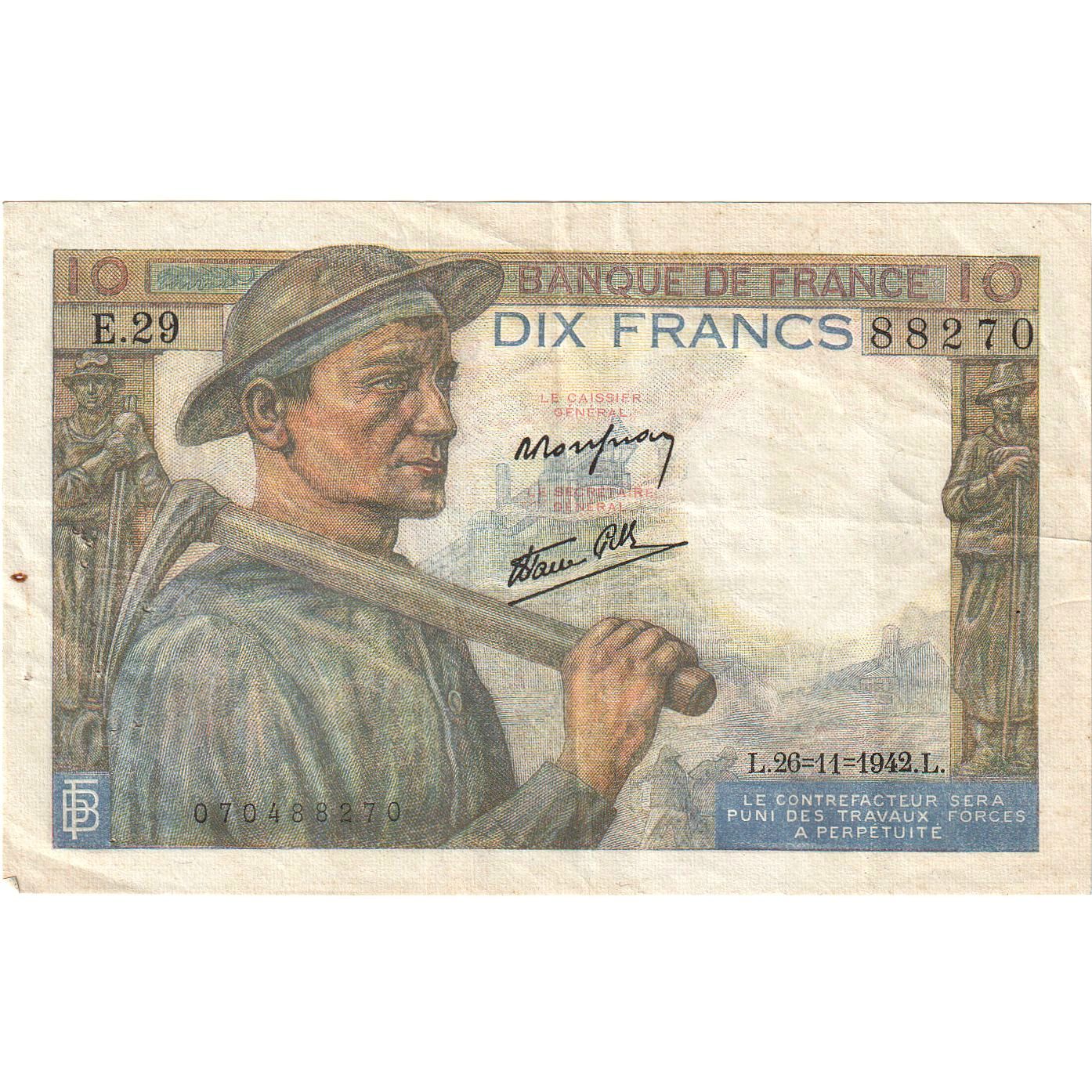 Frankreich, 10 Francs, Mineur, 1942, E.29, VZ, Fayette:8.6, KM:99e