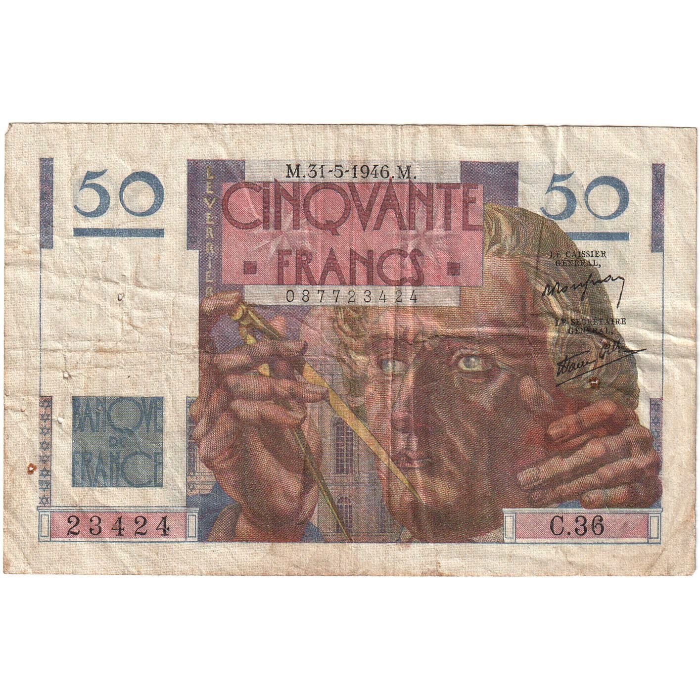 France, 50 Francs, Le Verrier, 1946, C.36, VF(30-35), Fayette:20.5, KM:127a