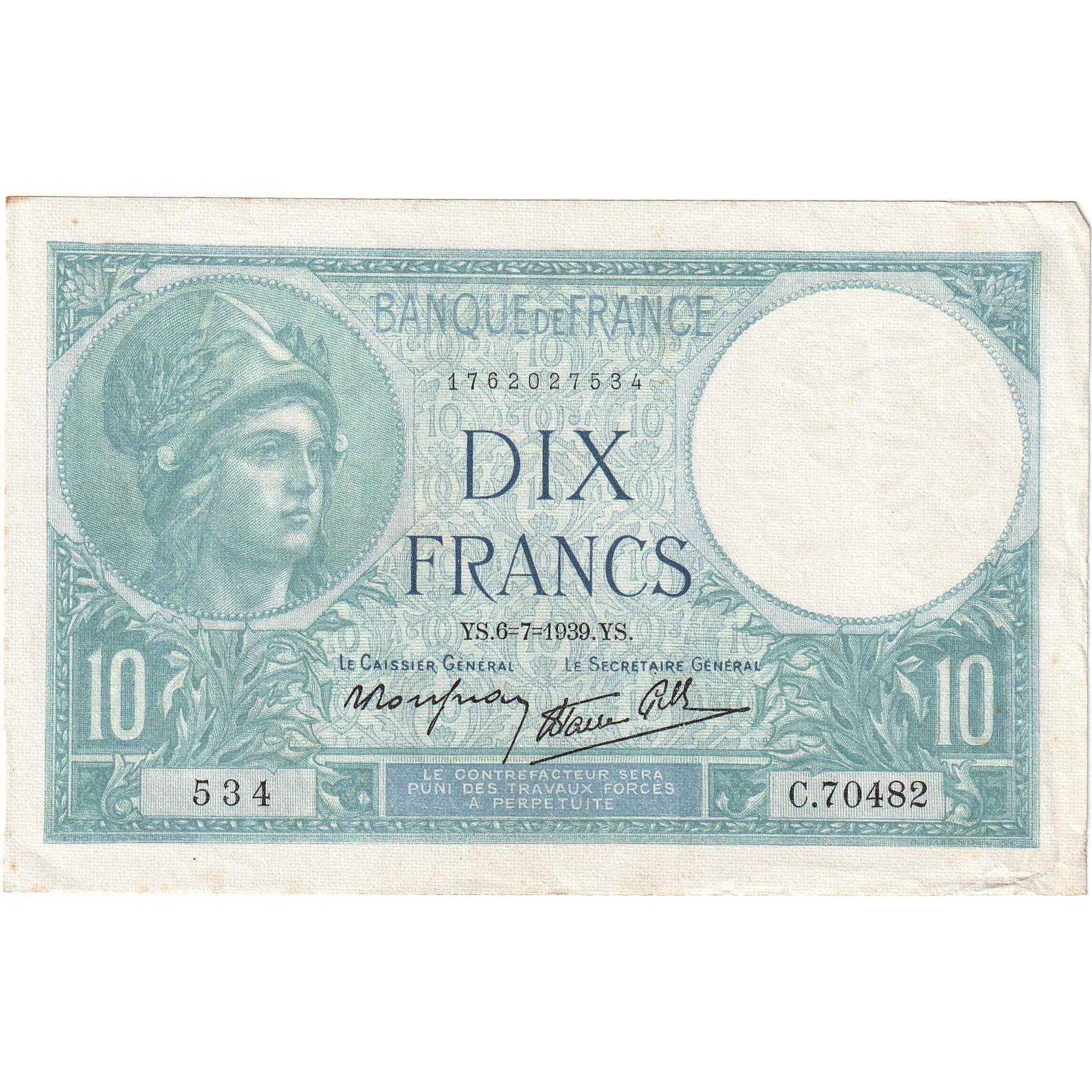 Francia, 10 Francs, Minerve, 1939, C.70482, SPL-, Fayette:7.4, KM:84