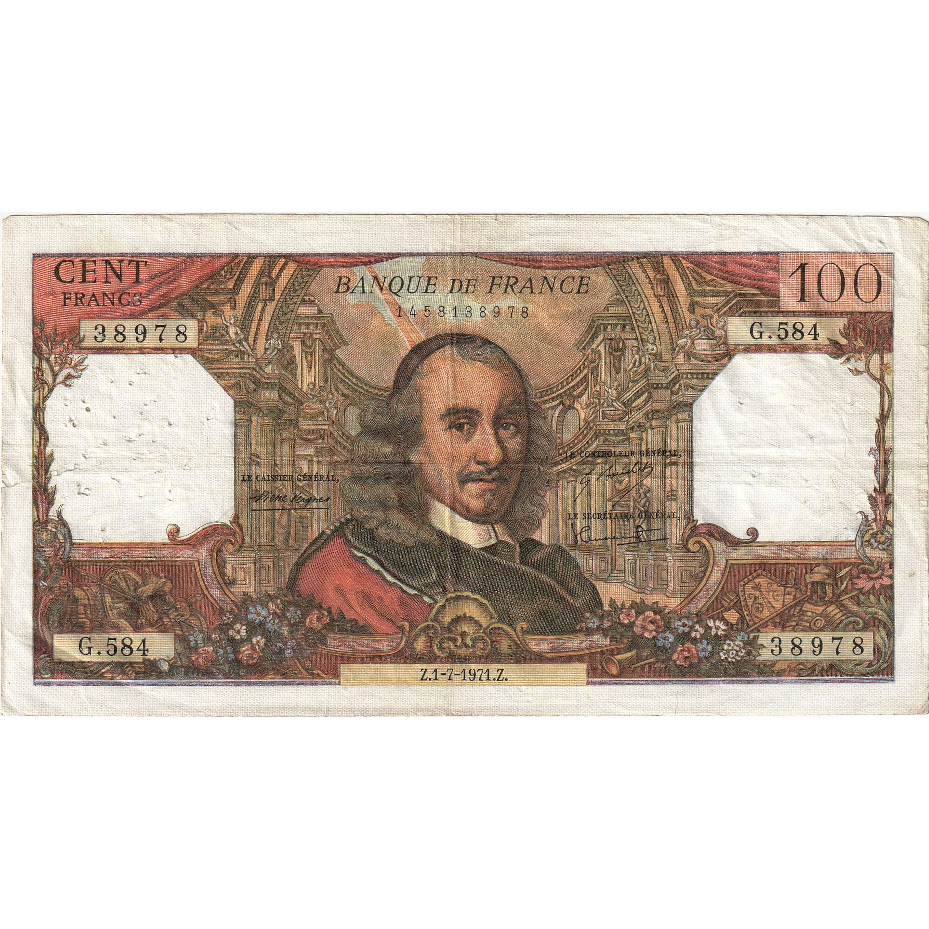 France, 100 Francs, Corneille, 1971, G.584, VF(30-35), Fayette:65.36, KM:149d