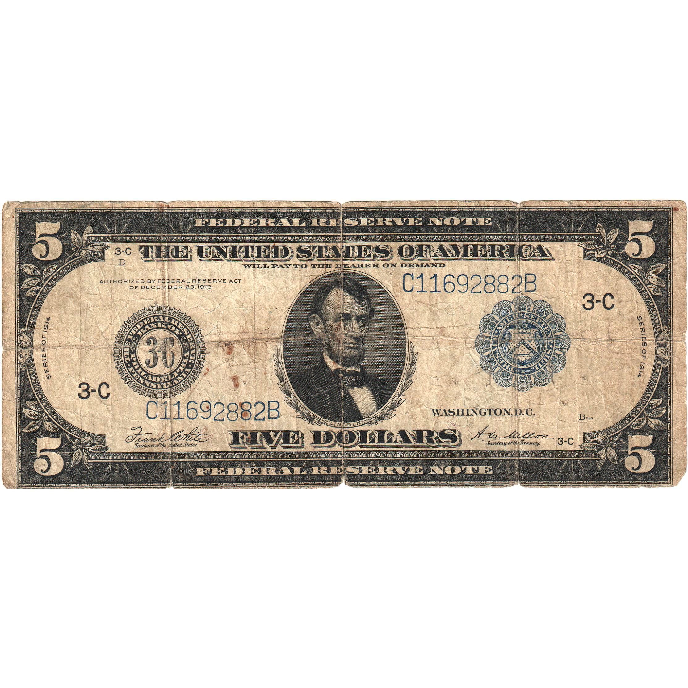 Nota, Estados Unidos da América, 5 Dollars, 1914, Philadelphie, F(12-15)