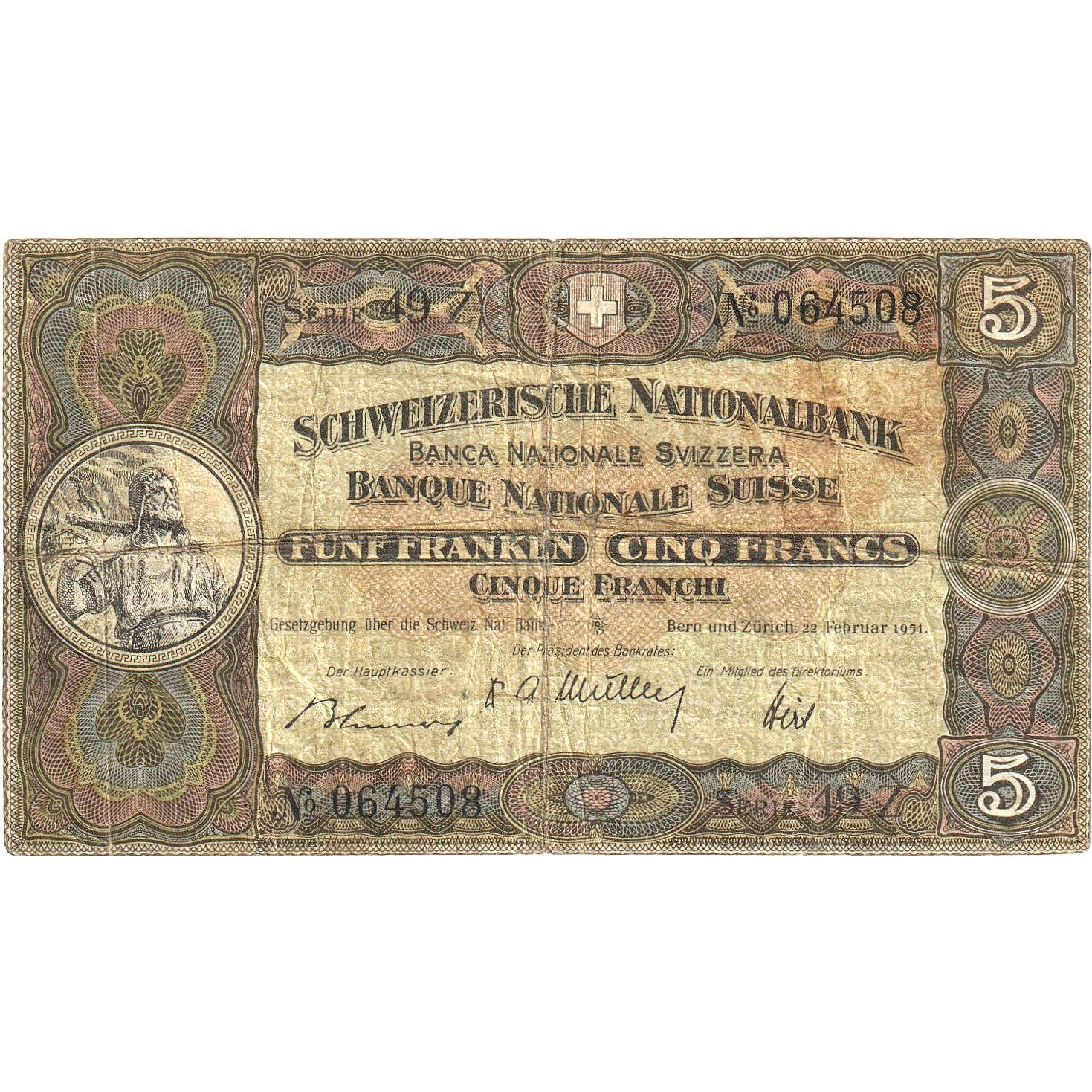 Banknote, Switzerland, 5 Franken, 1951, KM:11o, VF(30-35)