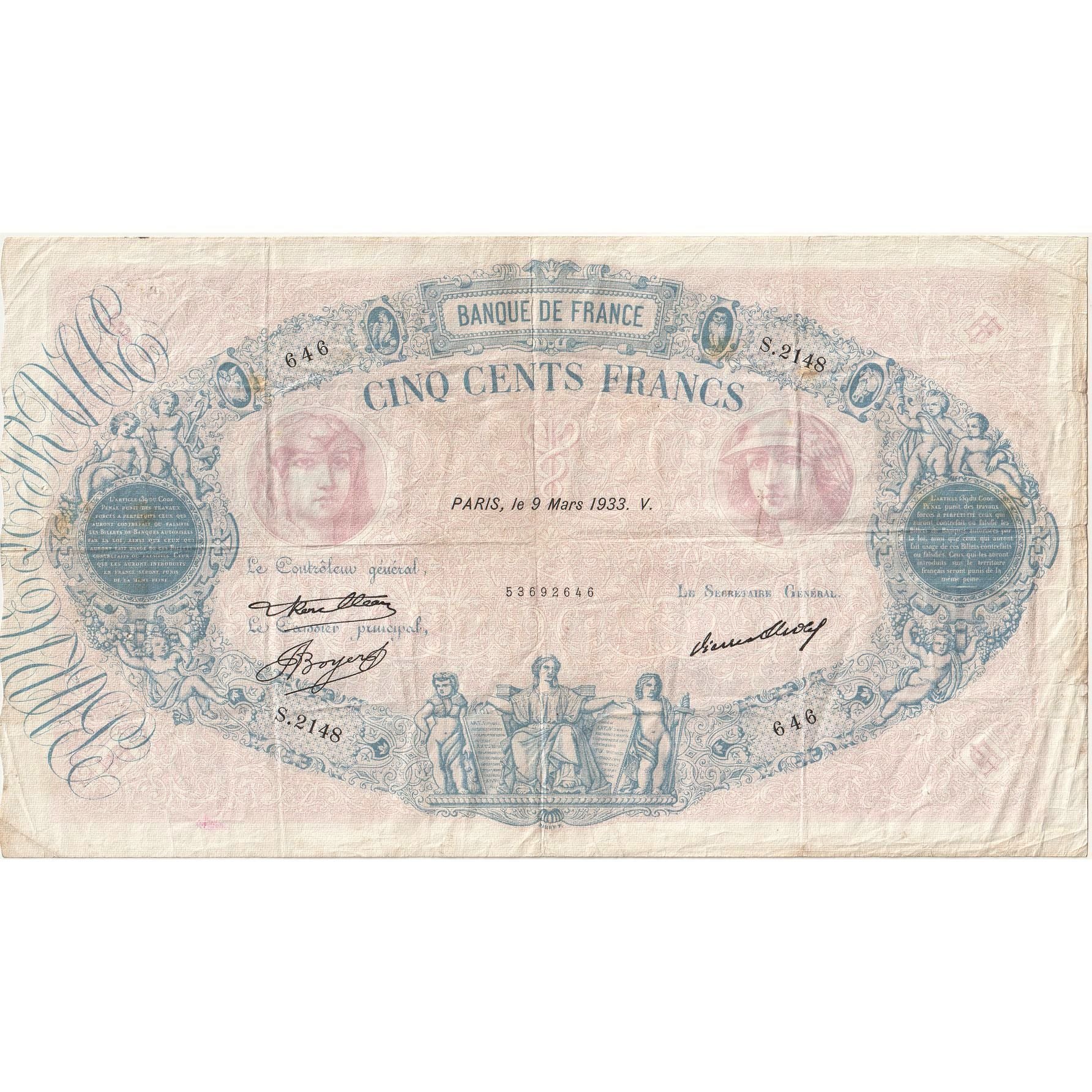 Francia, 500 Francs, Bleu et Rose, 1933, s.2148, BC+, Fayette:30.36, KM:66m