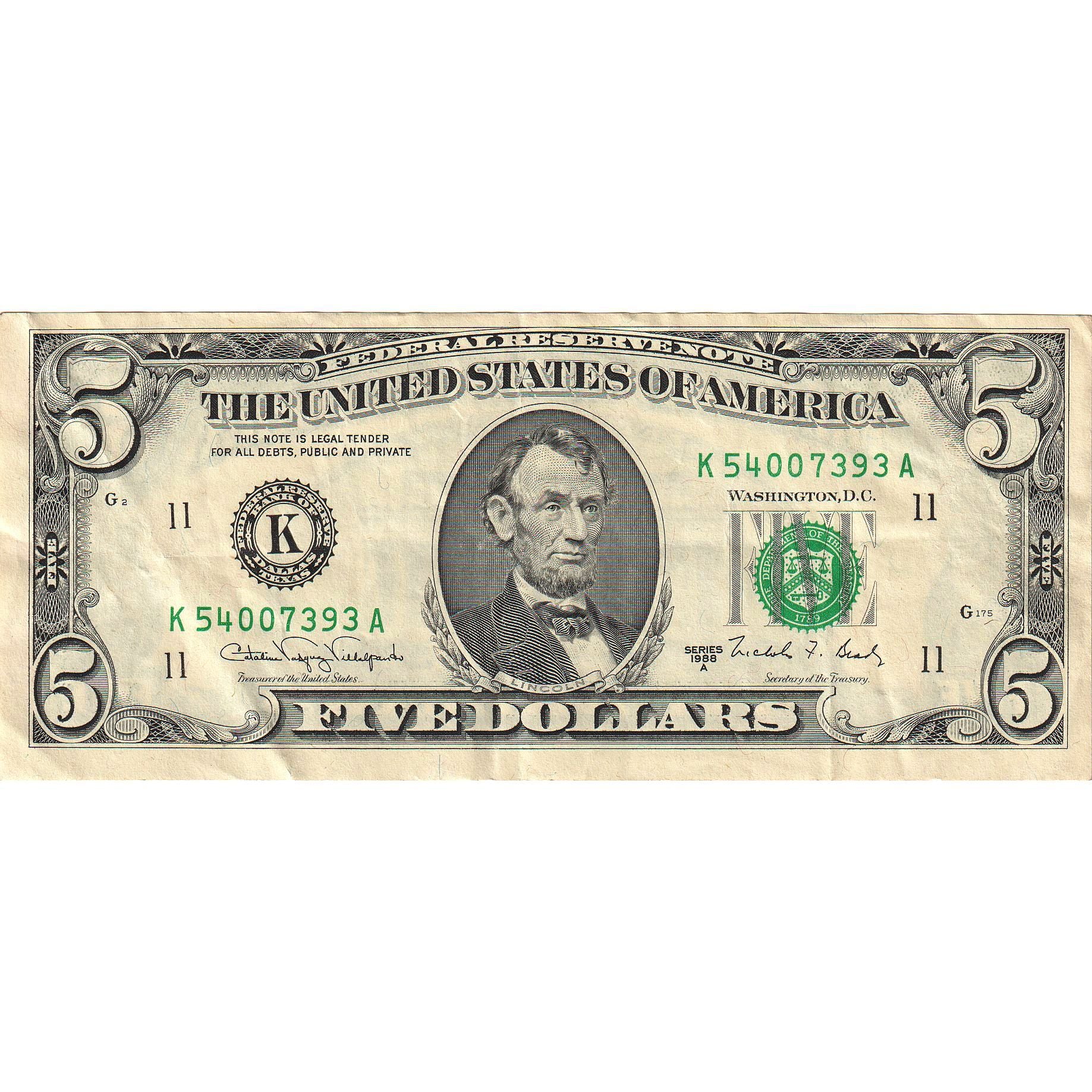Billet, États-Unis, Five Dollars, 1988A, TTB+