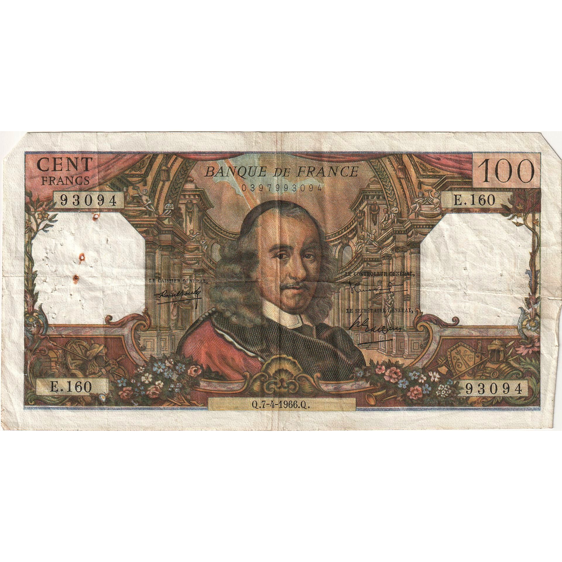 France, 100 Francs, Corneille, 1966-04-07, E.160, VG(8-10)
