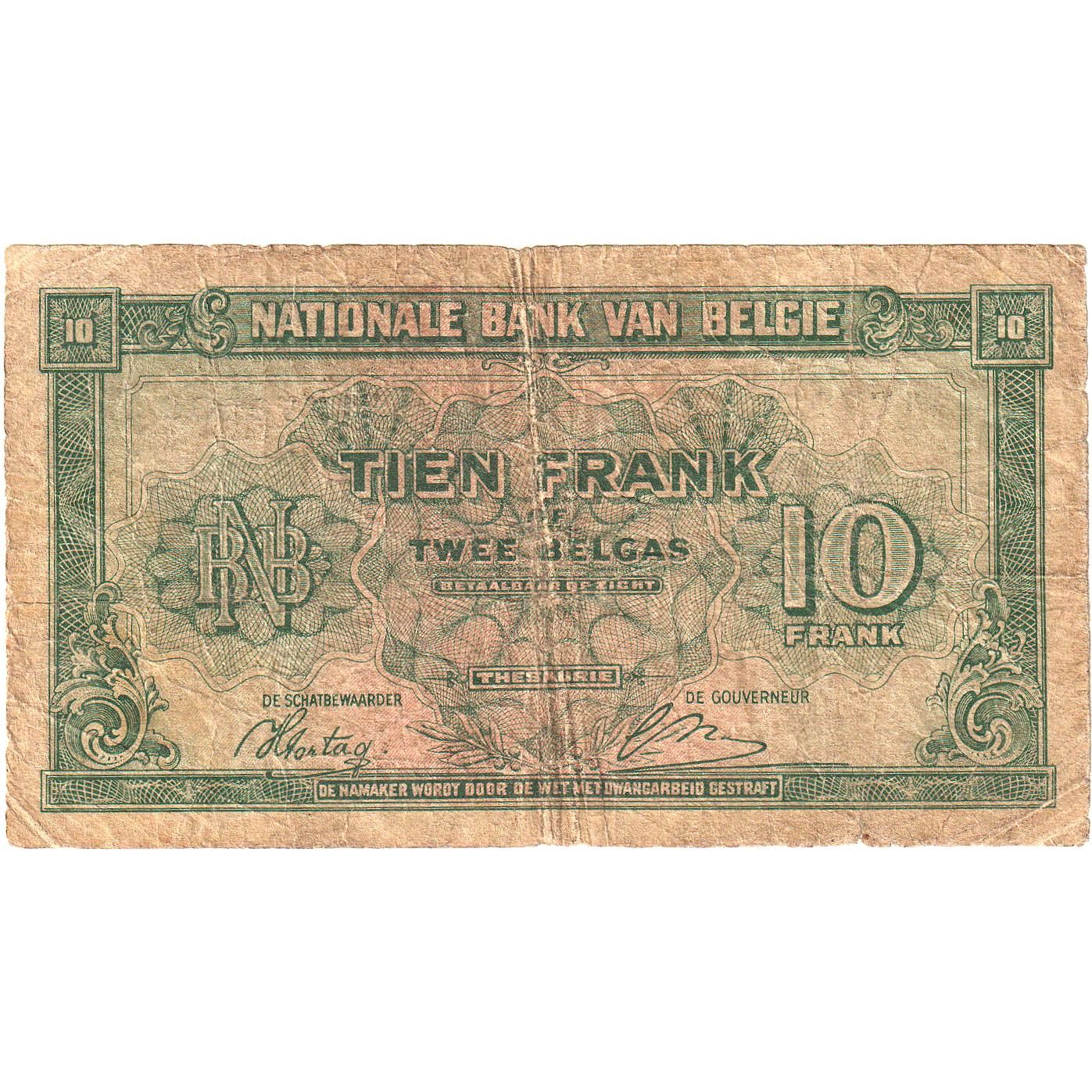 Banknote, Belgium, 10 Francs-2 Belgas, 1943-1945, 1943-02-01, KM:122, VG(8-10)