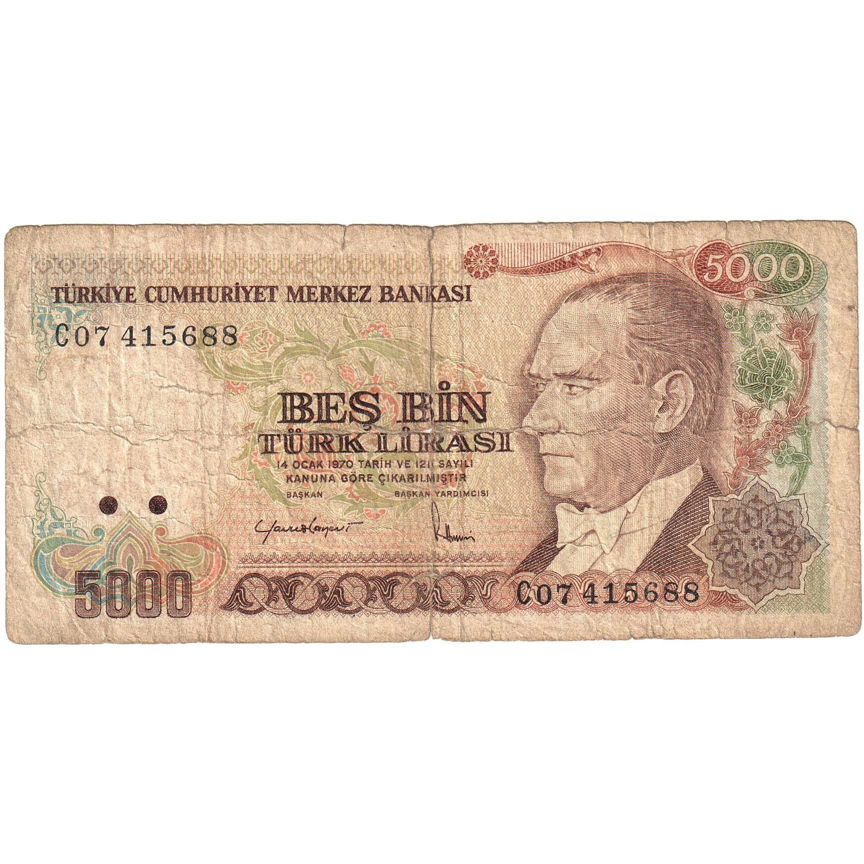 Biljet, Turkije, 5000 Lira, 1970, KM:197, B+