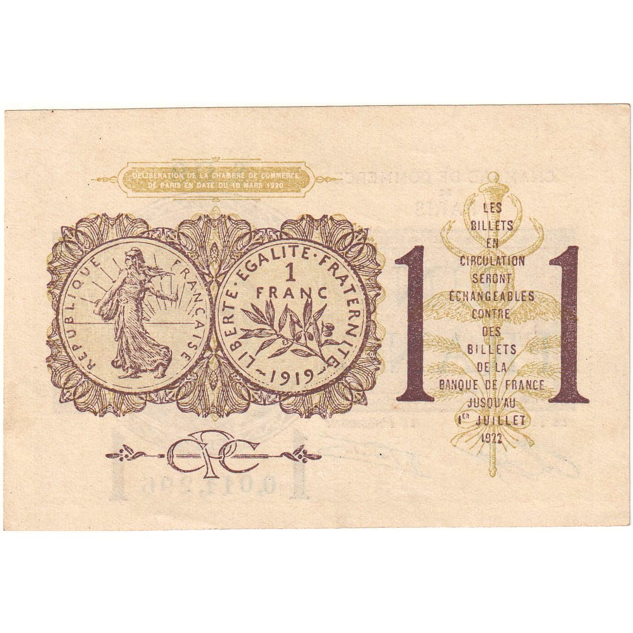 France, 1 Franc, Chambre de Commerce de Paris, 1919, A460694, SUP