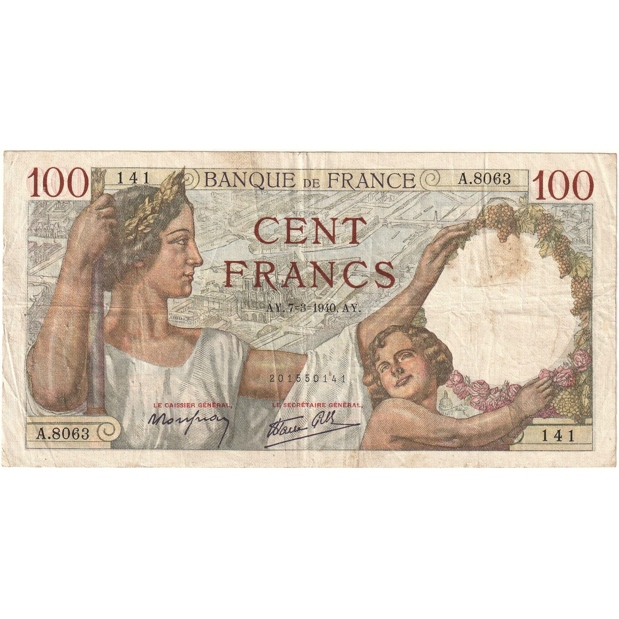 France, 100 Francs, Sully, 1940, A.8063 141, EF(40-45), Fayette:26.52, KM:94