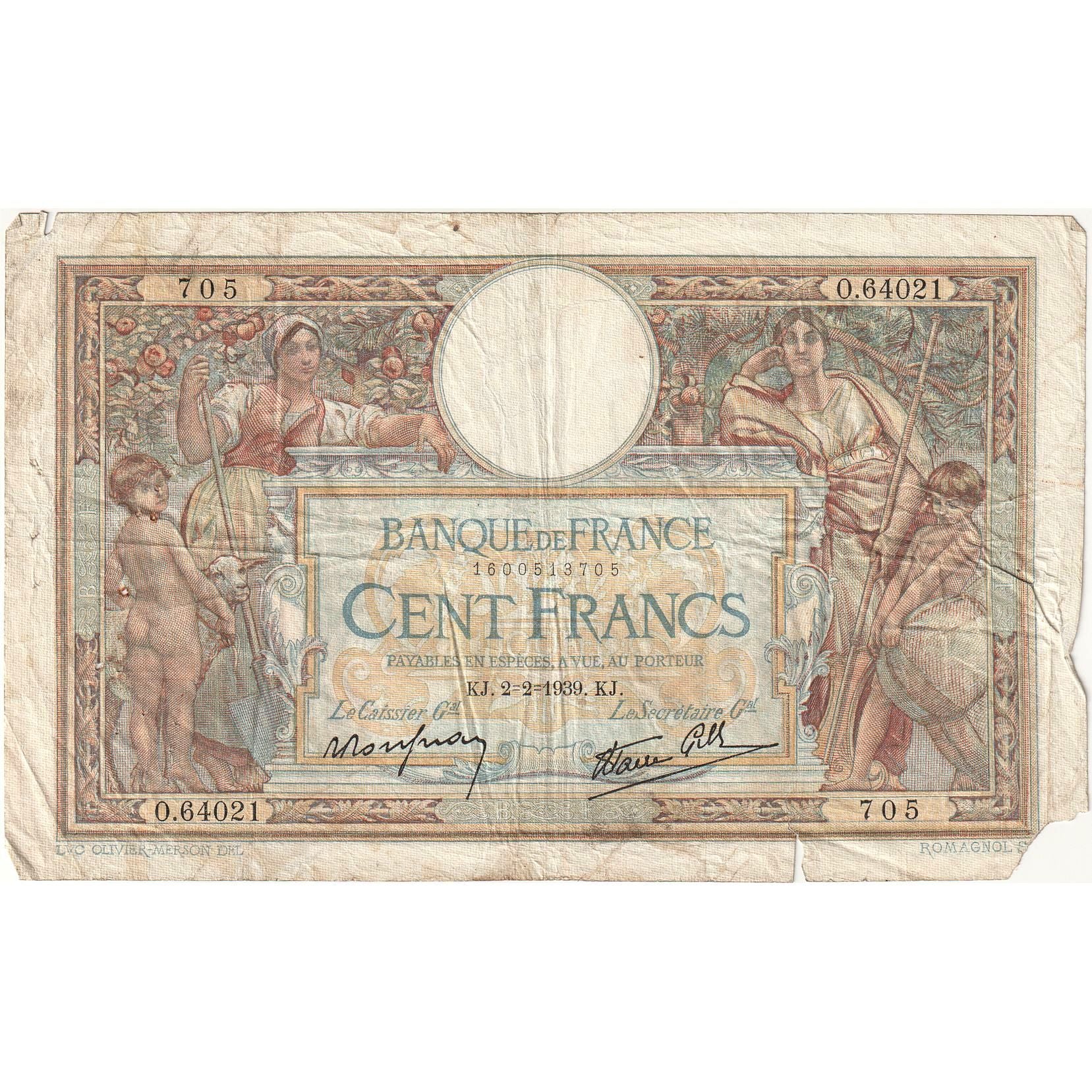 Francia, 100 Francs, 1939, O.64021 705, MC+, Fayette:24.15, KM:78c