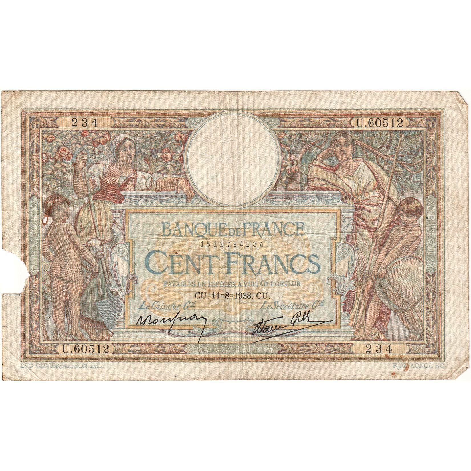 France, 100 Francs, 1938, U.60512 234, AB+, Fayette:24.15, KM:78c