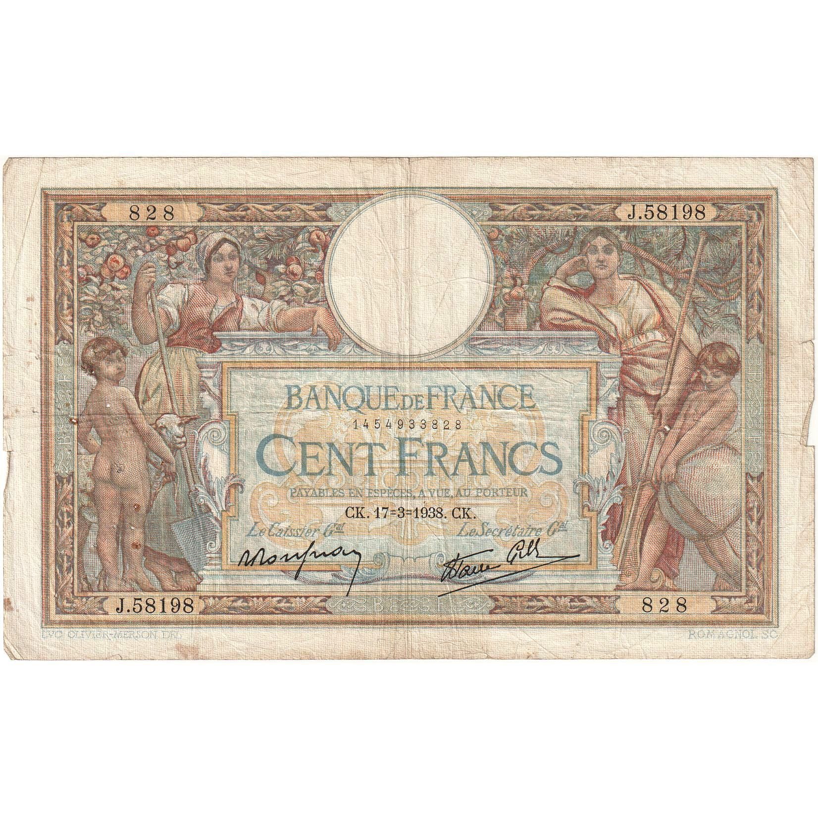 Francia, 100 Francs, 1938, J.58198 828, BC+, Fayette:24.15, KM:78c