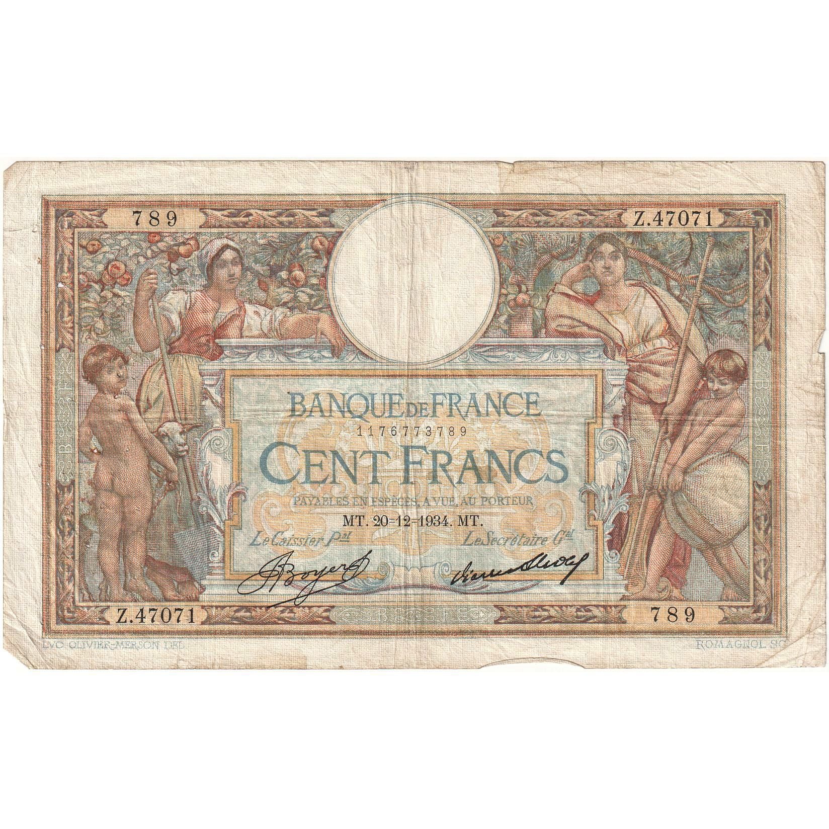 Francia, 100 Francs, 1934, Z.47071 789, BC+, Fayette:24.15, KM:78c