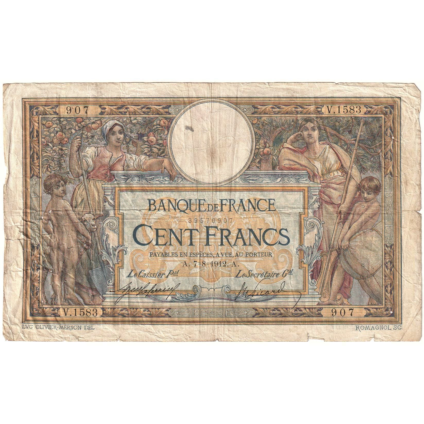 Frankreich, 100 Francs, Luc Olivier Merson, 1912, V.1583 907, GE+