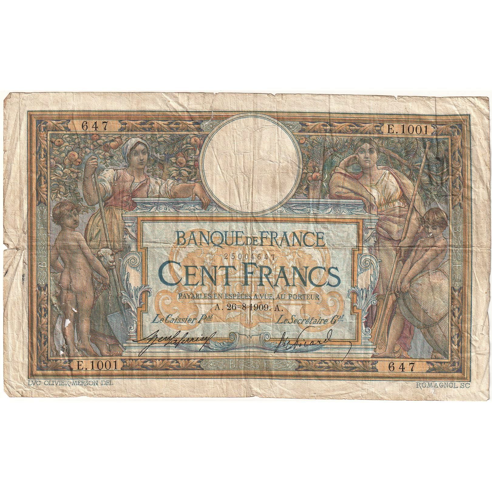 Francja, 100 Francs, Luc Olivier Merson, 1909, E.1001 647, G(4-6)