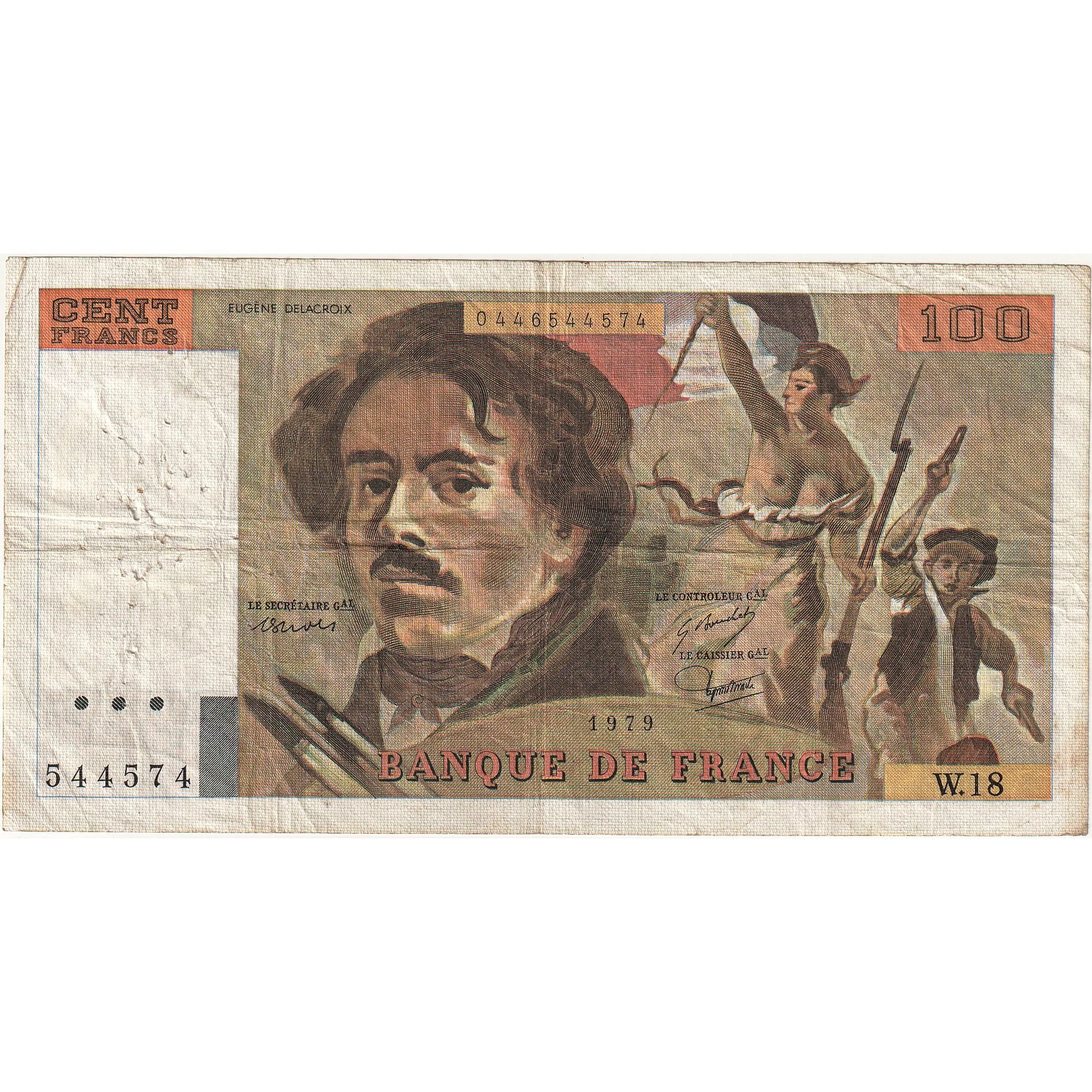 France, 100 Francs, Delacroix, 1979, W.18 544574, VG(8-10), Fayette:69.4a