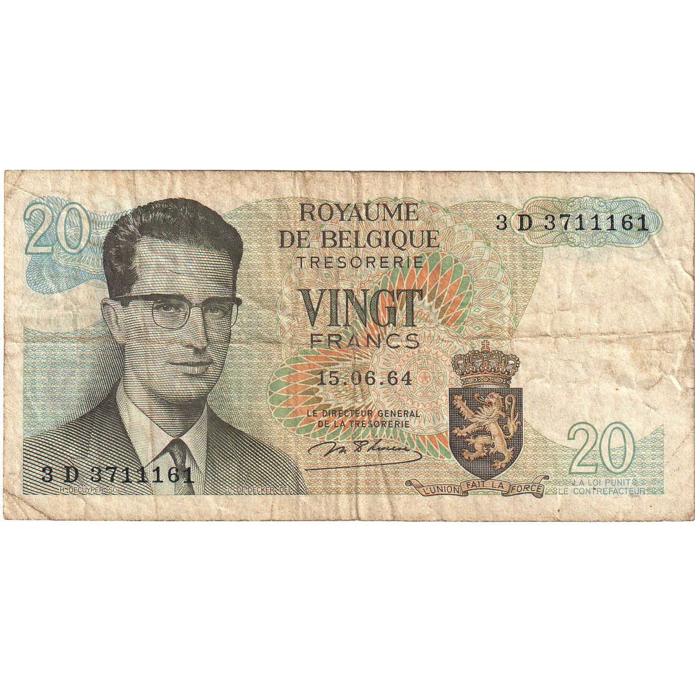Belgium, 20 Francs, 1964-1966, 1964-06-15, KM:138, VF(20-25)
