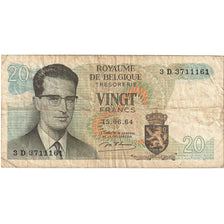 Belgium, 20 Francs, 1964-1966, 1964-06-15, KM:138, VF(20-25)