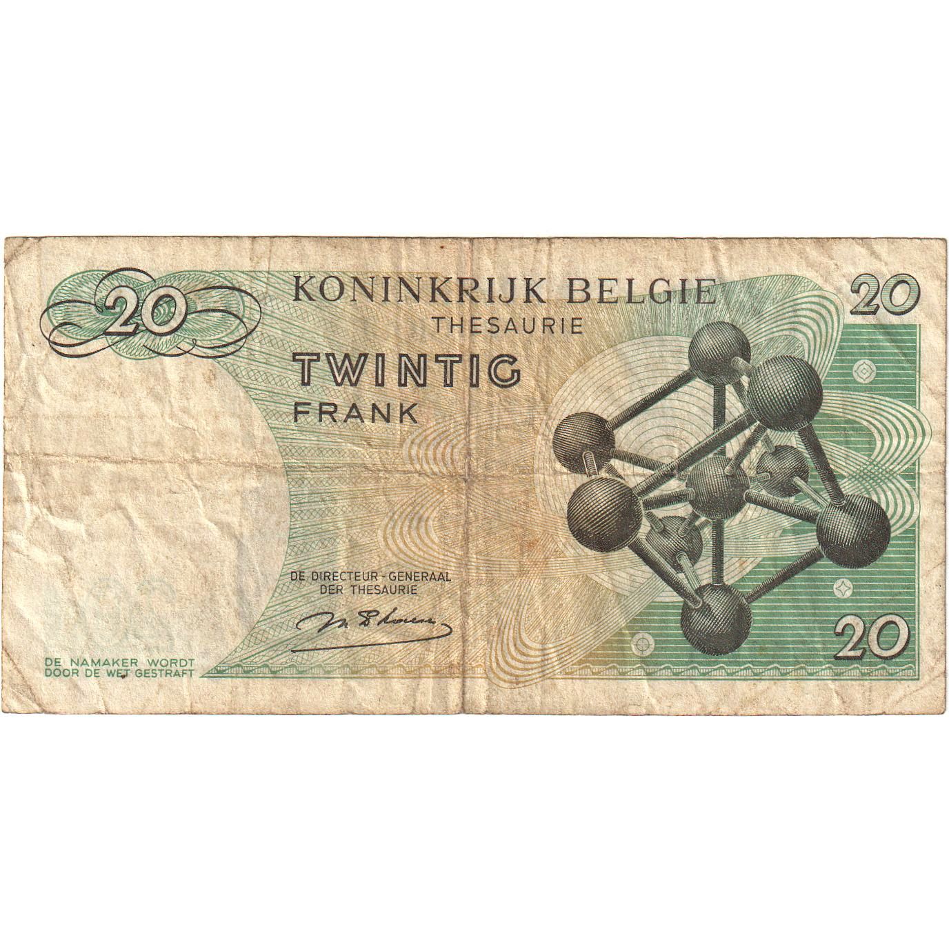Belgium, 20 Francs, 1964-1966, 1964-06-15, KM:138, VF(20-25)