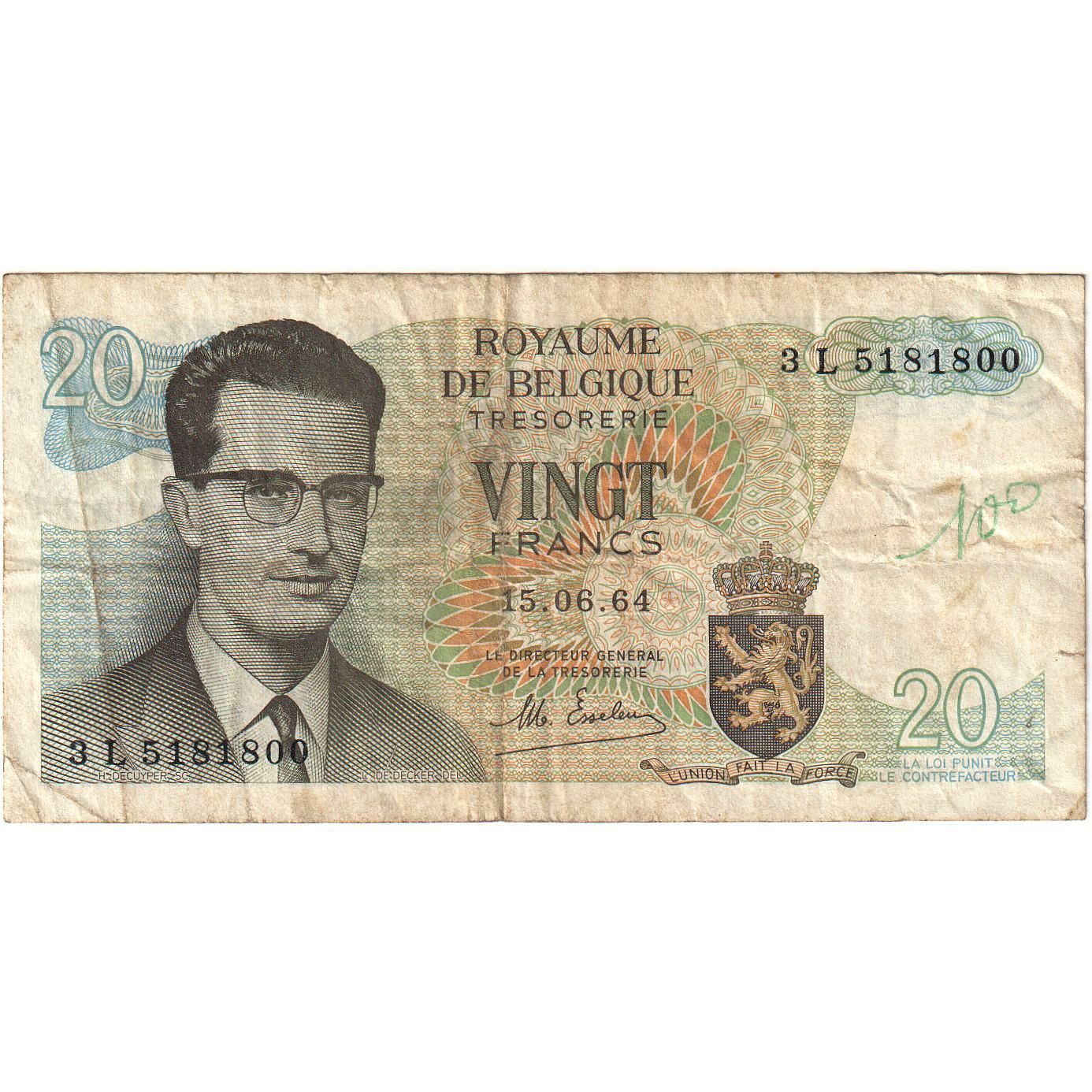 Bélgica, 20 Francs, 1964-1966, 1964-06-15, KM:138, VF(20-25)