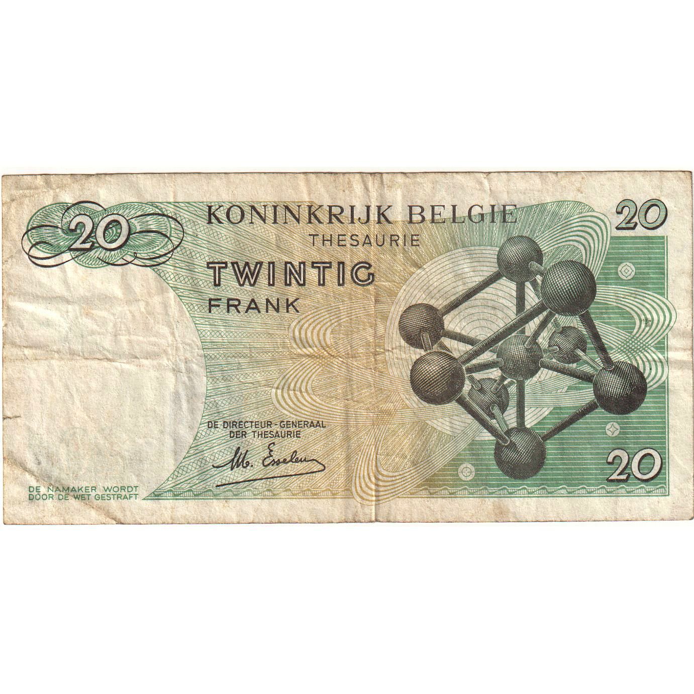 Bélgica, 20 Francs, 1964-1966, 1964-06-15, KM:138, VF(20-25)