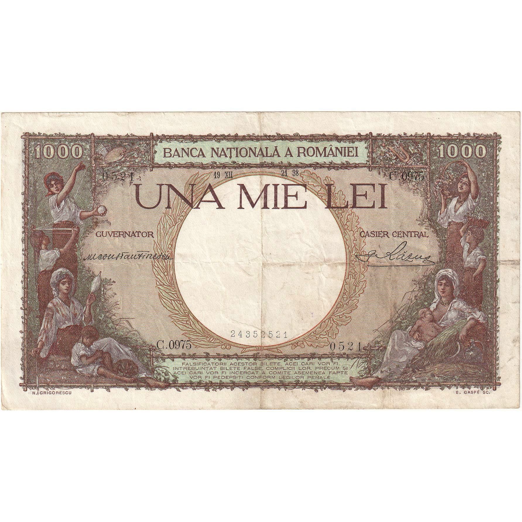 Romania, 1000 Lei, 1938, 1938-12-21, KM:47a, EF(40-45)