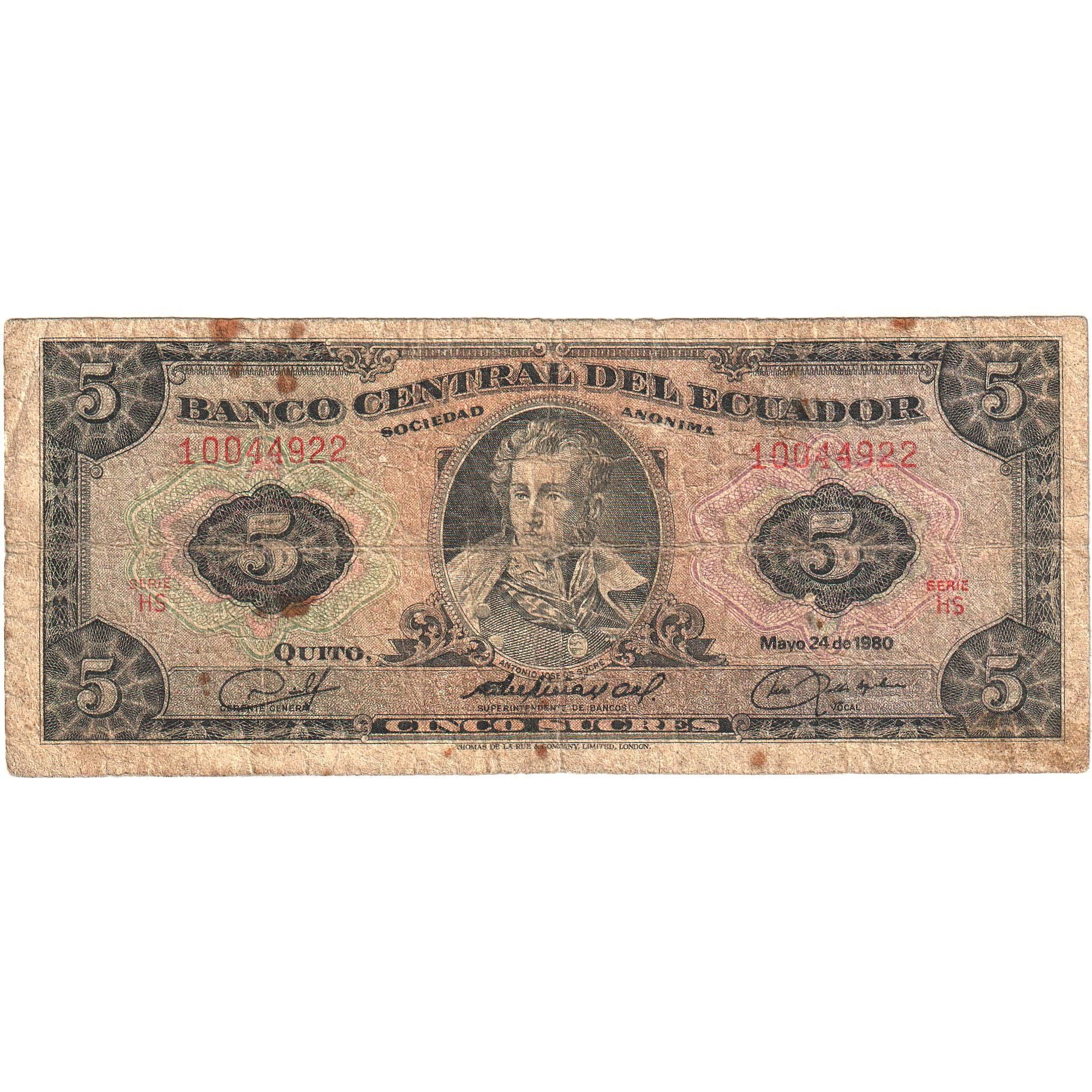 Ecuador, 5 Sucres, 1980, 1980-05-24, KM:113c, D+