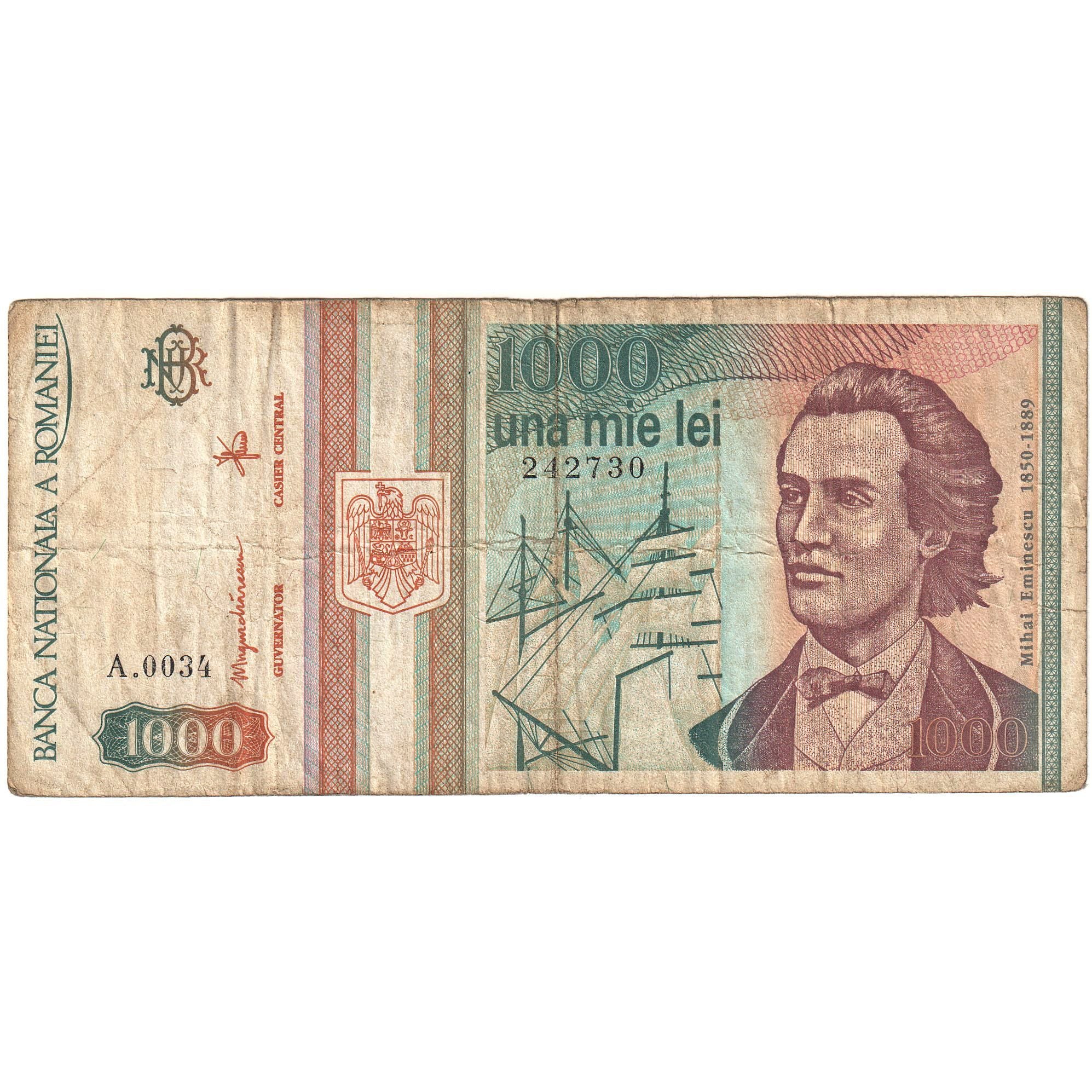 Romania, 1000 Lei, 1993, KM:102, VF(20-25)