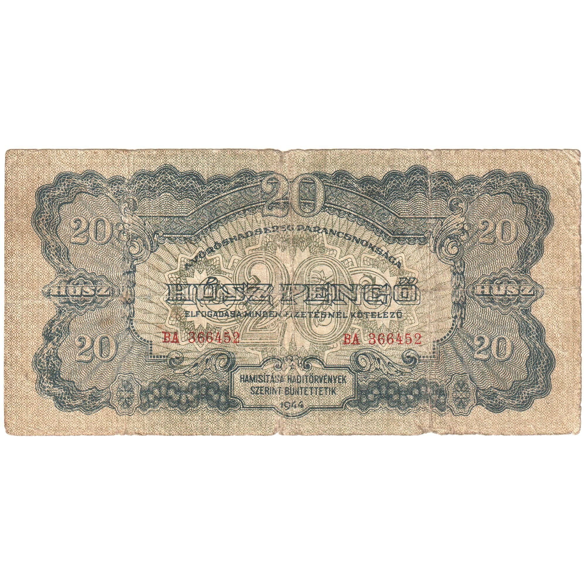 Węgry, 20 Pengö, 1944, KM:M6b, VG(8-10)