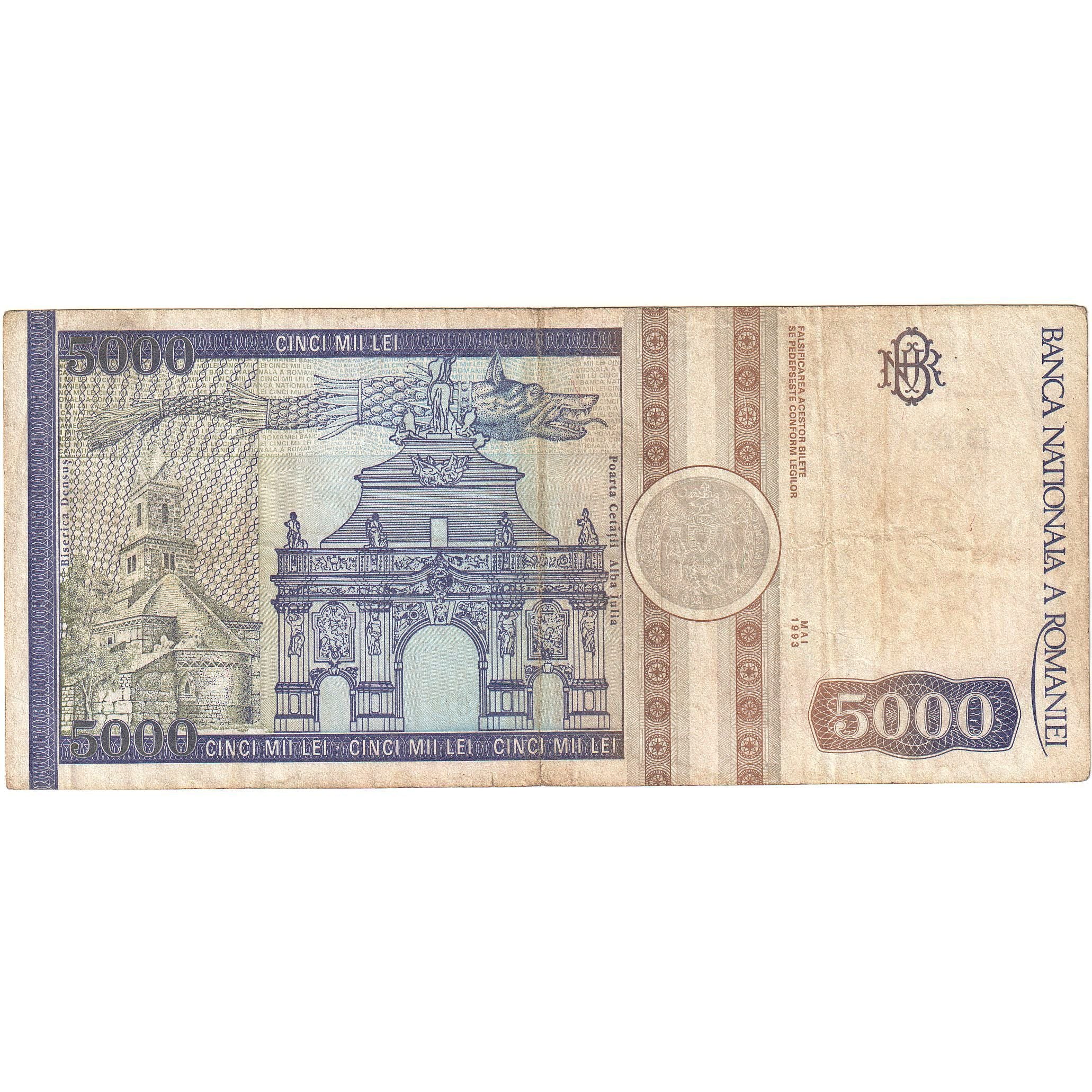 Romania, 5000 Lei, 1993, Mai 1993, KM:104a, EF(40-45)