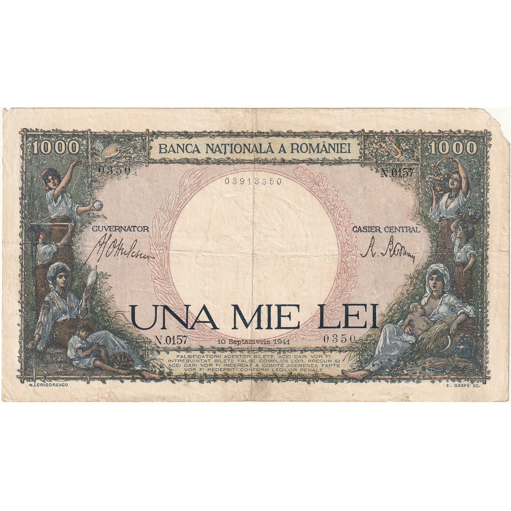 Romania, 1000 Lei, 1941, 1941-09-10, KM:52a, VG(8-10)